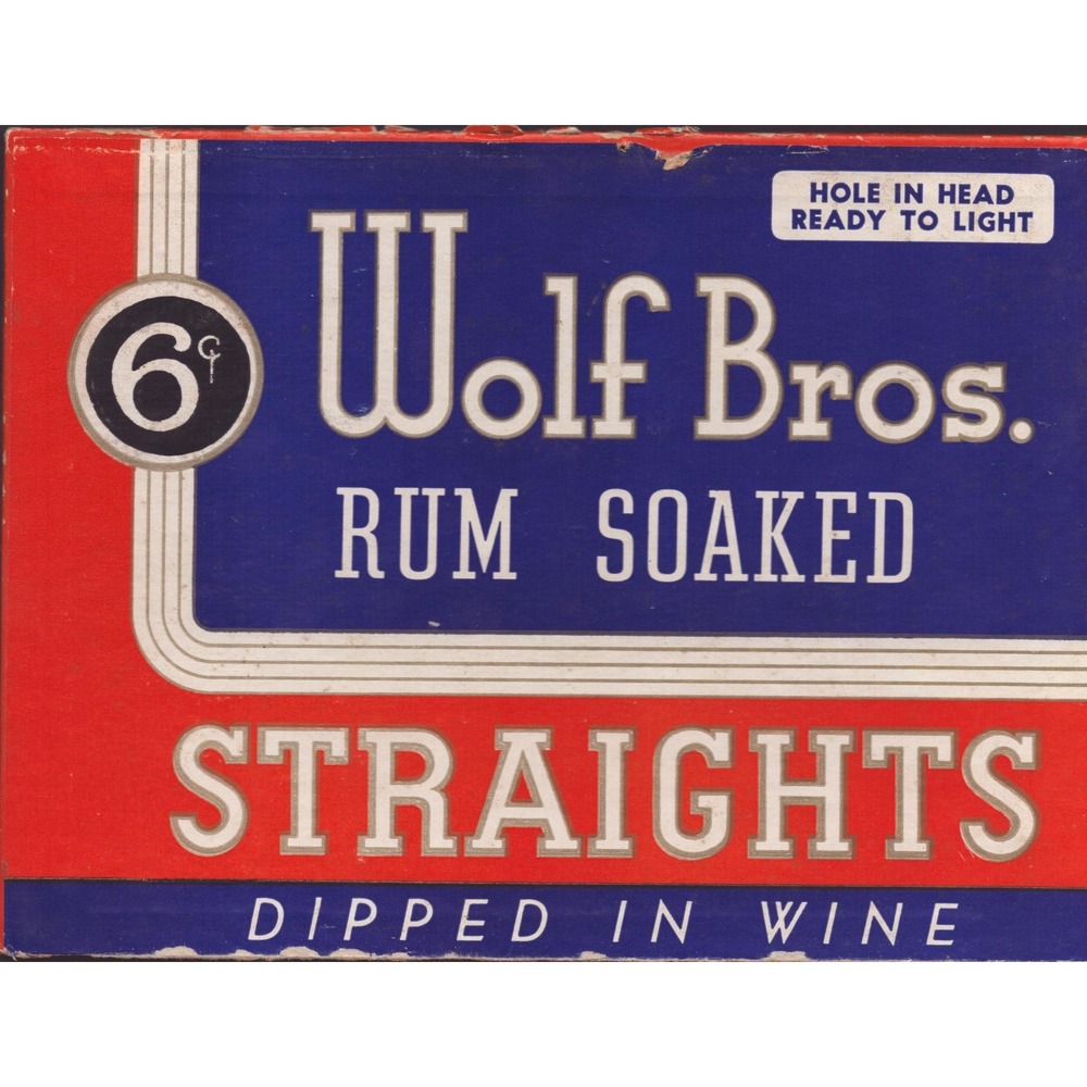 Vintage Wolf Bros Rum Soaked Straights Cigar Box Lid Red White Blue VG-